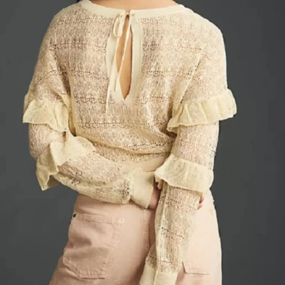 NWT Anthropologie Cream Sheer Open-Stitch Ruffle Summer Pullover Size XXS